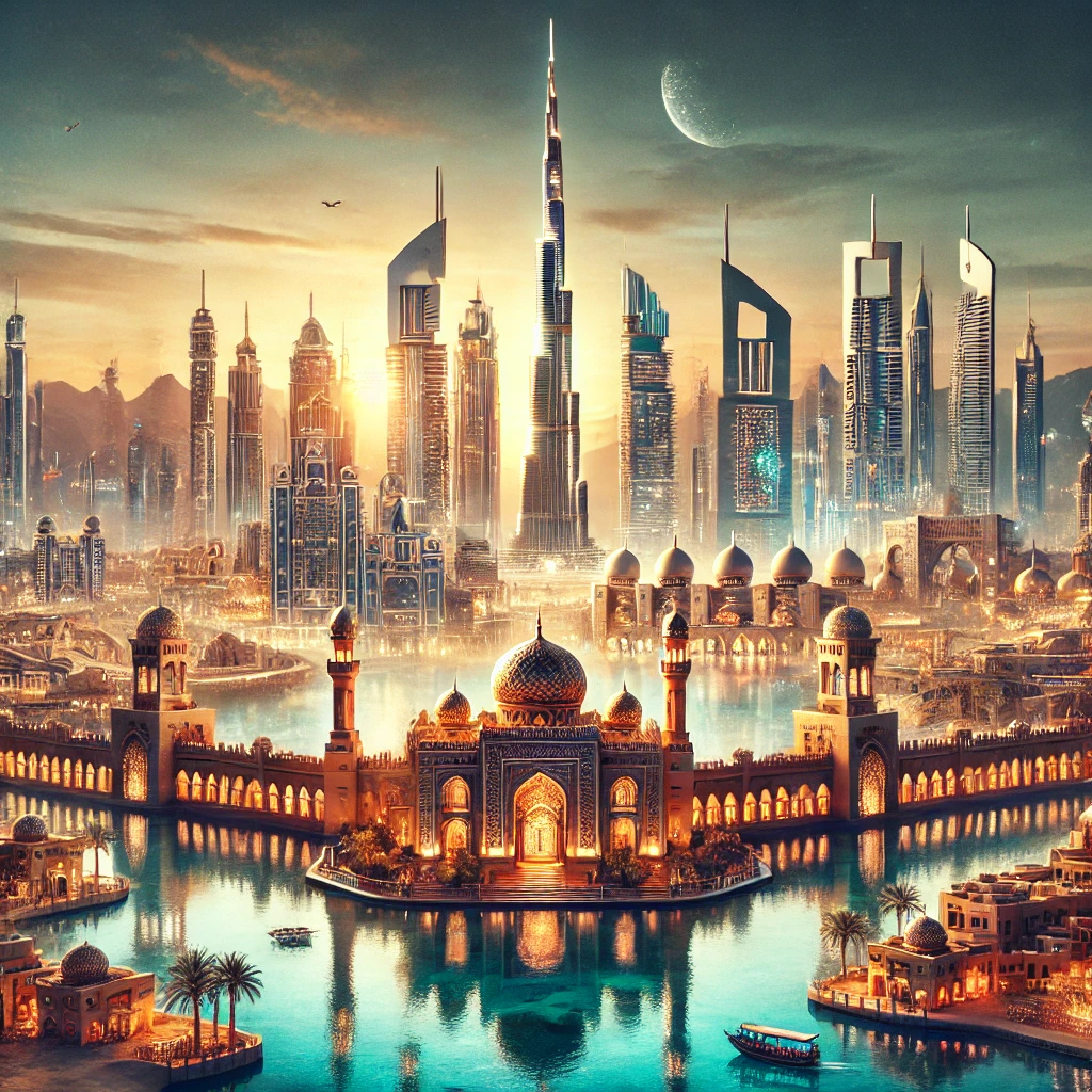 Luxurious and captivating landscape of the UAE, featuring Dubai's futuristic skyline with the Burj Khalifa and Abu Dhabi's opulent palaces, traditional markets, and desert landscapes