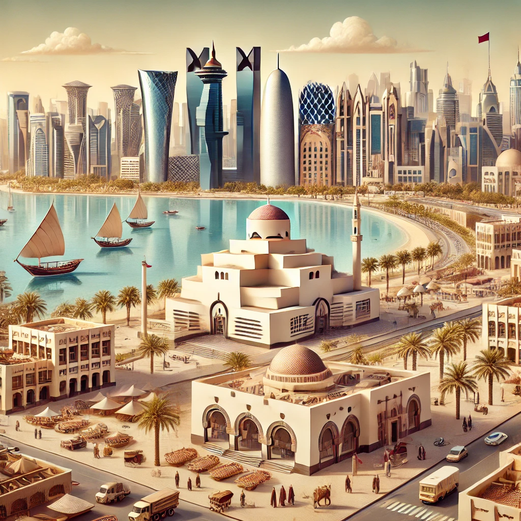 Luxurious and captivating landscape of Qatar featuring the modern skyline of Doha, the Museum of Islamic Art, Katara Cultural Village, traditional markets, desert landscapes, and the Corniche waterfront.