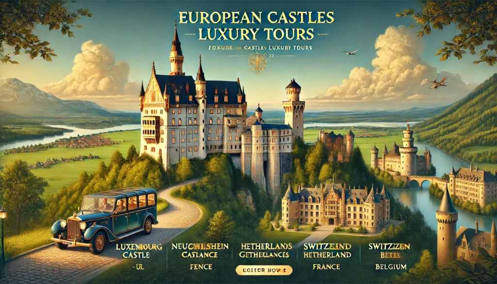 Luxurious landscape featuring iconic European castles such as Neuschwanstein Castle, Château de Chambord, Hohenzollern Castle, Vianden Castle, Muiderslot, and Chillon Castle against a lush green countryside and blue sky. By Princess Lyna Tours