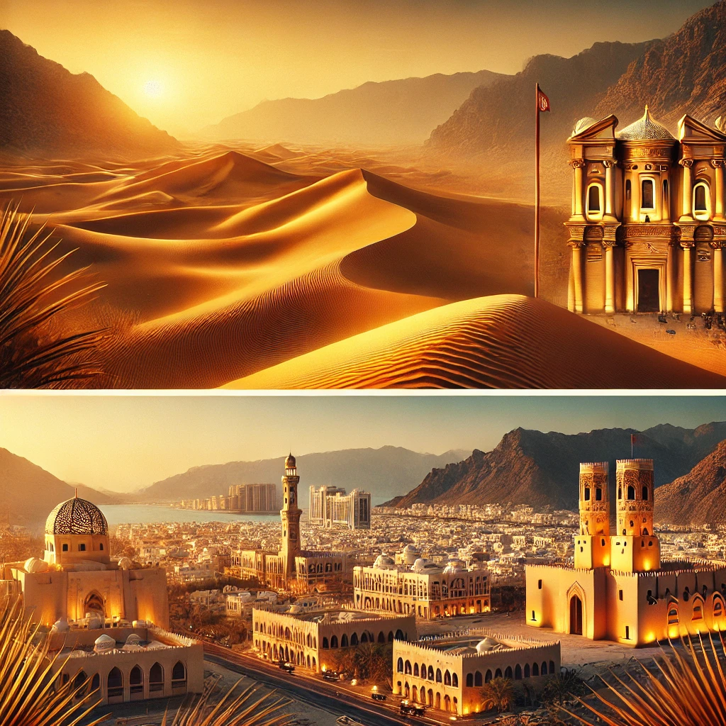 Stunning landscape of Oman featuring golden dunes, rugged Hajar Mountains, and the vibrant cityscape of Muscat with ancient forts and souks.