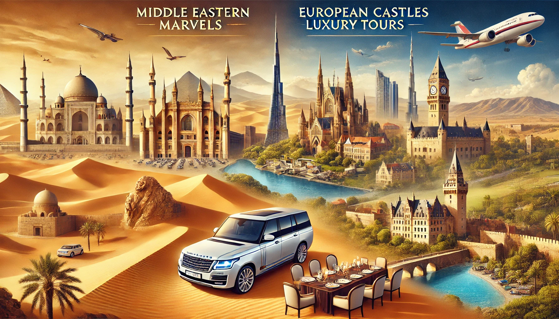 Luxurious landscape featuring Middle Eastern landmarks like the Burj Khalifa, Pyramids of Giza, and Petra alongside European castles such as Neuschwanstein Castle, Edinburgh Castle, and the Palace of Versailles.By Princess Lyna Tours.